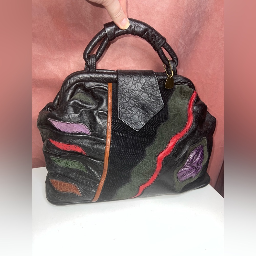 Reem Vintage 1980's Style Leather Black Patchwork Purse Satchel Handbag